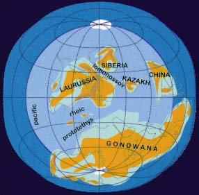 Globe: oceans and continents Devonian